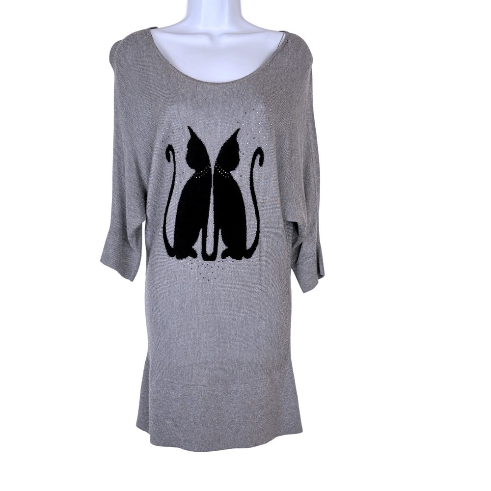 White House Black‎ Market Womens Small Grey Cat Graphic Tunic Sweater Rhinestone